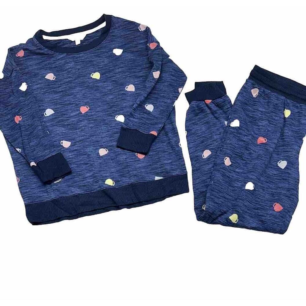 Womens Pajama Set Size Medium Navy Blue Coffee Cups Pastels 2 Piece Long sleeve